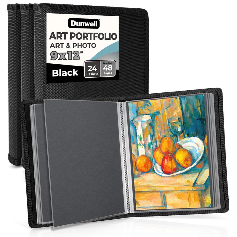 Dunwell 9x12 Art Portfolio Binder (3-Pack, Black), Includes Mounting Paper, Portfolio Binder for Artwork, 9 x 12 Art Folder, 24 Pockets Display 48 Pages, Acid-Free Poly Presentation Book - Image 1